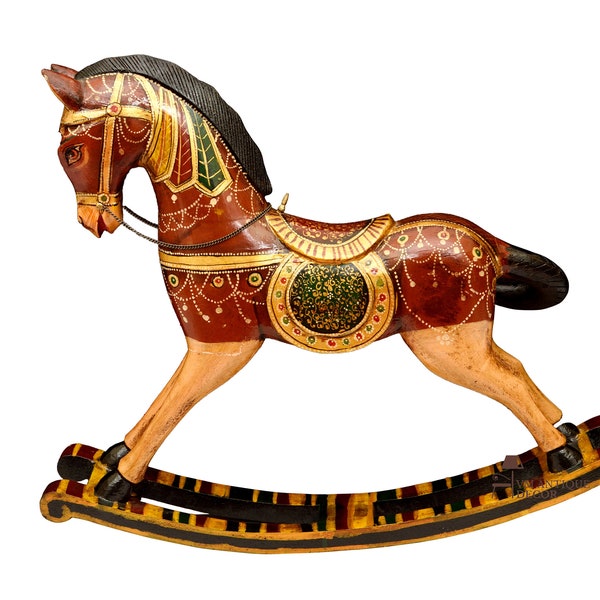 Wooden Rocking Horse Statue | Horse Showpiece for Home Decor |  Ethnic Indian |  Handmade Hand-Painted