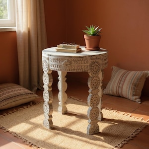 Wooden Side Table | Carved Center Coffee Table, Beautiful Low Stool | End Table Set Of 2 Living Home Decor Furniture,Bedroom Bedside Table