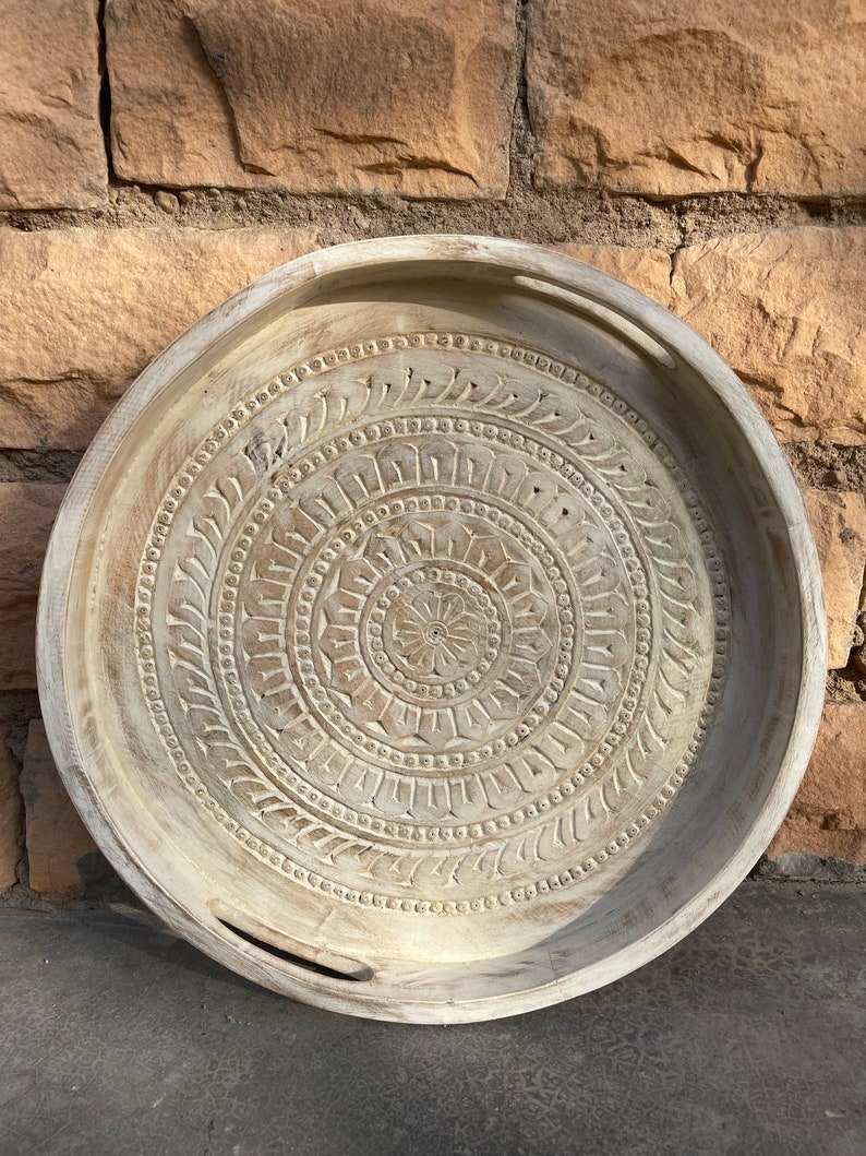 Indian Wooden White Round Carving Indian Tray, Home Kitchen Decor Unique Carving With Handle Decor Tray,Tray Decor,Gift Tray image 8