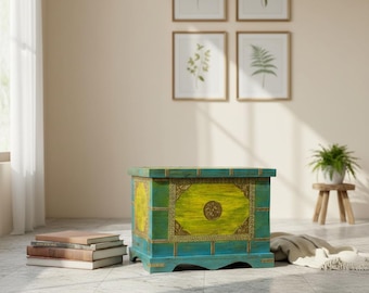 Baúl de madera de latón pintado - Baúl de madera con detalles de latón - Baúl bohemio único - Baúl tambor - Muebles de decoración para el hogar