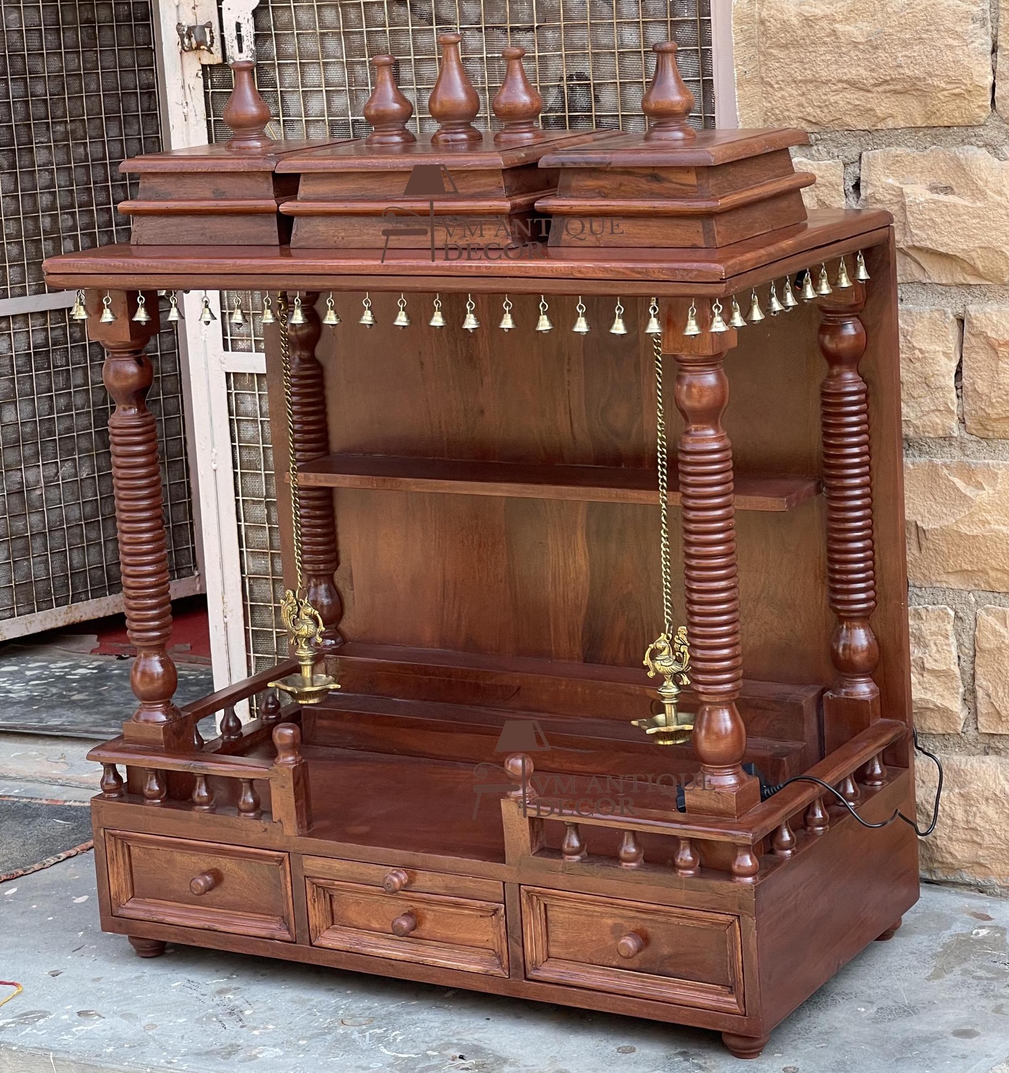 Wood Wall Mandir Temple | Home Decor Religion Temple Idol-Wood Mandir with Bells and Storage – Traditional Home Temple Design for Prayer