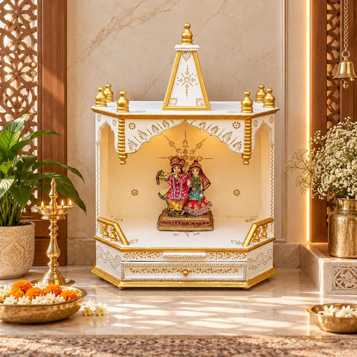 White Wooden Pooja Mandir | Home Temple Cabinet | Hindu Prayer