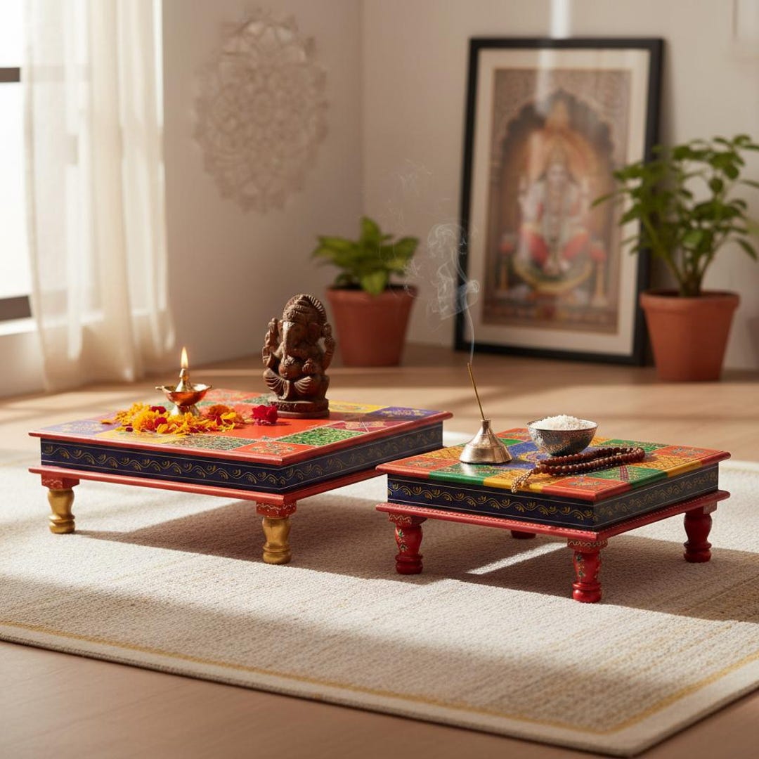 Bhakoot Matching Table Indian Handpainted Chowki Bajot Table Pair2 ,indian Religious Pooja ...