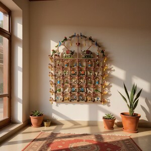 Puede incluir: Un gran adorno de pared de madera rectangular y de varios niveles con una parte superior arqueada. La estructura contiene numerosos compartimentos peque&ntilde;os e individuales, cada uno con una figura pintada a mano en colores vivos.
