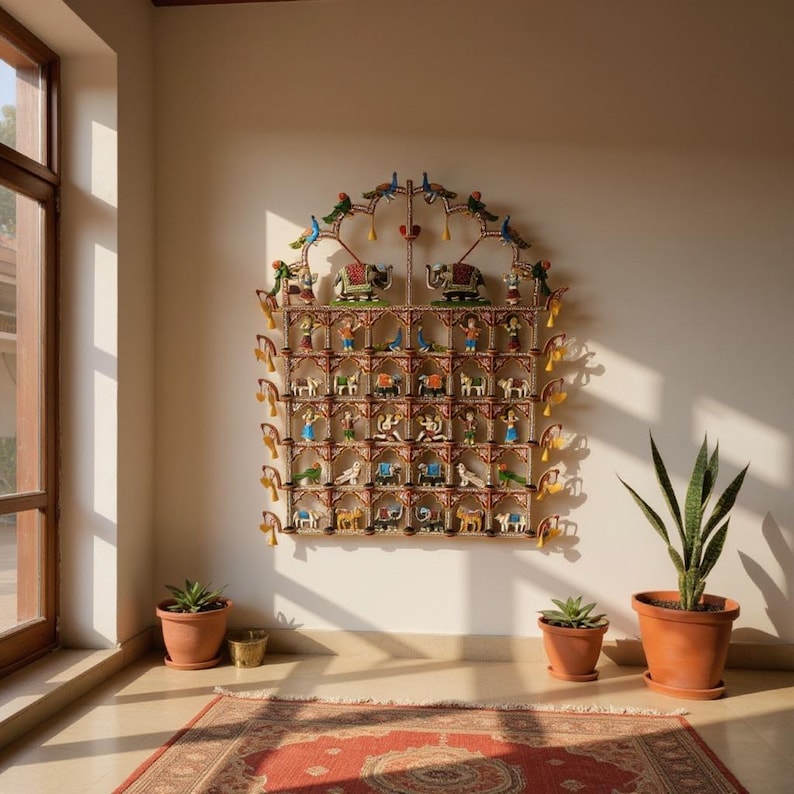 Puede incluir: Un gran adorno de pared de madera rectangular y de varios niveles con una parte superior arqueada. La estructura contiene numerosos compartimentos peque&ntilde;os e individuales, cada uno con una figura pintada a mano en colores vivos.