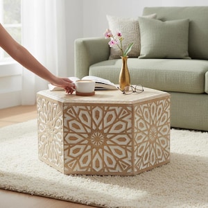 Wooden Handicraft Carved Hexagon Central Table, Nightstand Traditional Decorative Carved Coffee Table-Boho Accent Table,Whitewashed Side