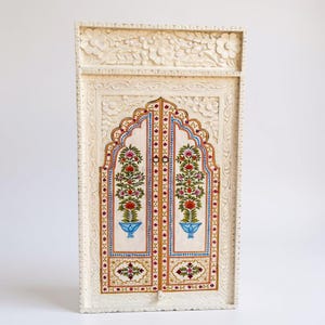 Hand-Painted Floral Wooden Wall Panel – Indian Carved Faux Window Frame | Wall Style Jharokha Wall Art - 130 x 70 cm-Bedroom Decor Door Window