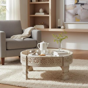 Wooden Round Carved Chakki Grinder Coffee Table,Central Bedside Brass End Table Home Decor Furniture,Traditional Low Chowki Table,Side Table