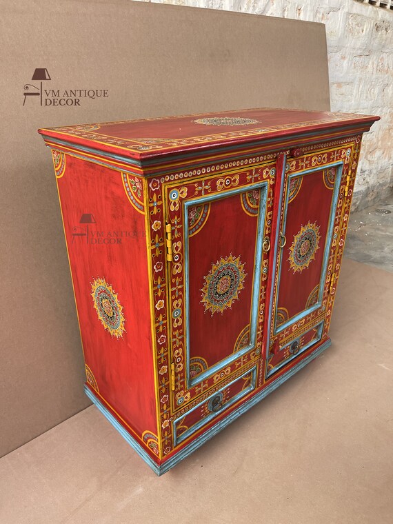Handpainted Flower Indian Art Decor Wood Cabinet With 2 Drawer
