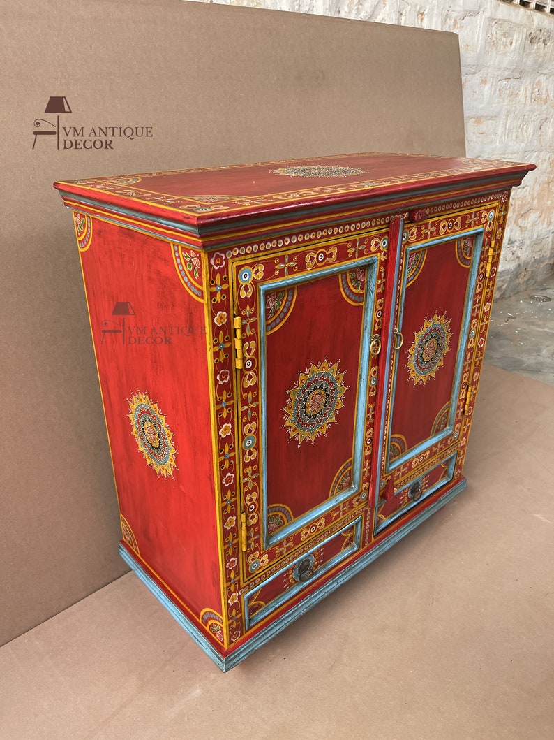 Handpainted Flower Indian Art Decor Wood Cabinet With 2 Drawer/ Beautifull Painted Bedside Drawer Table /Side Table Home Style Furniture image 10