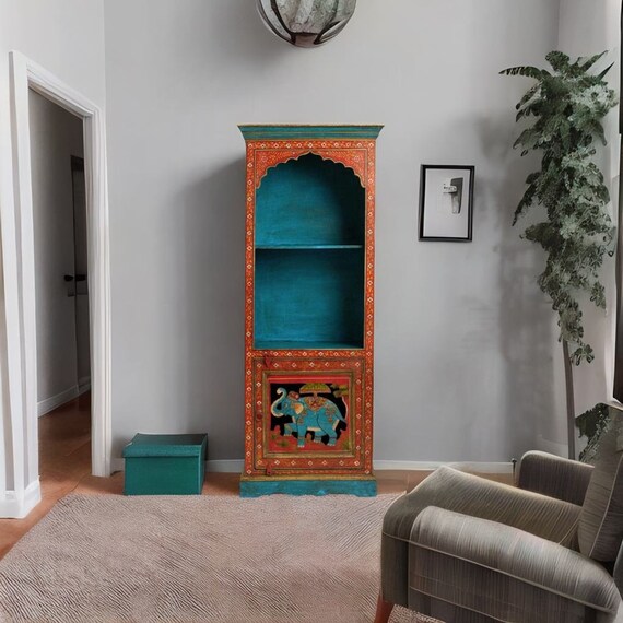 Wood Indian Elephant Flower Painted Bookshelf indian Corner Home
