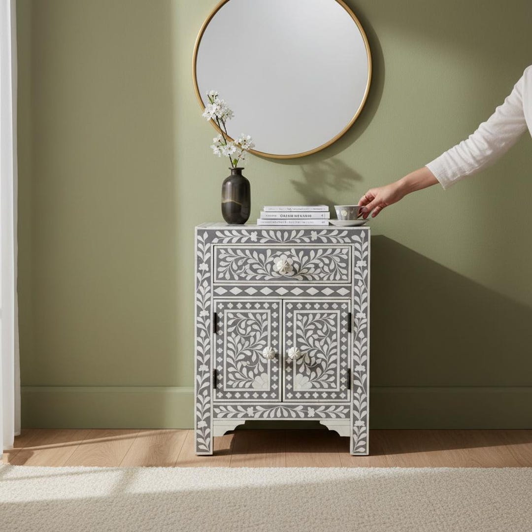 Bedside Table Patterned Handcrafted Bone Inlay Bedside Table – Gray Floral Pattern With Drawer ...