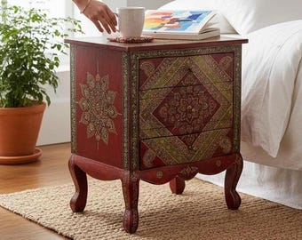 Hand-Painted Wooden Chest – 3 Drawer Nightstand, Indian Bedside Table, Floral Dresser Decorative Wooden Side Table – Chest with Traditional