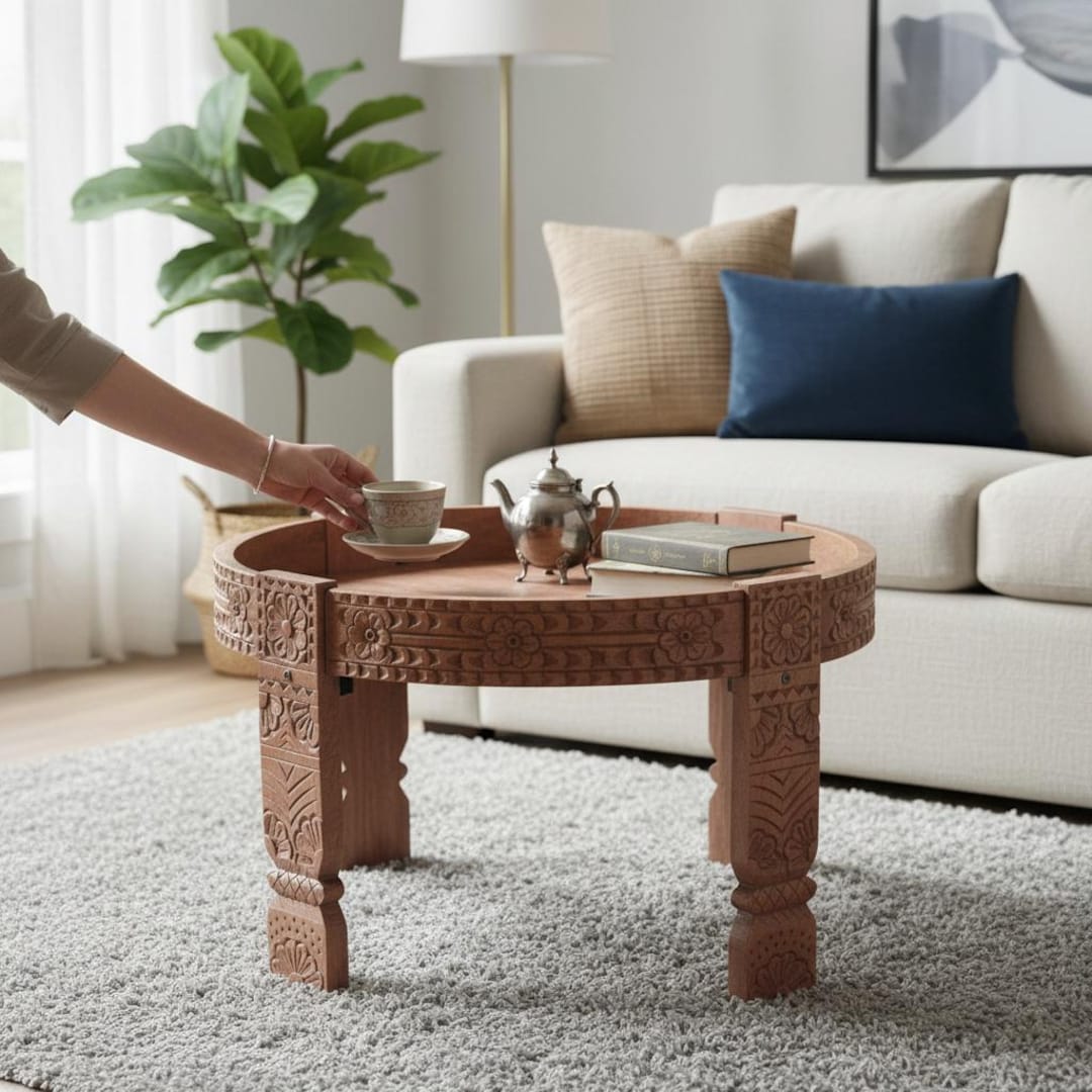 Wooden Carved Chakki Coffee Table -traditional Round Low Table With ...
