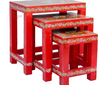 Wooden Panting Indian Stool Set Of 3 | Handmade Hand Painted - Set Of 3 |  Living Room Furniture