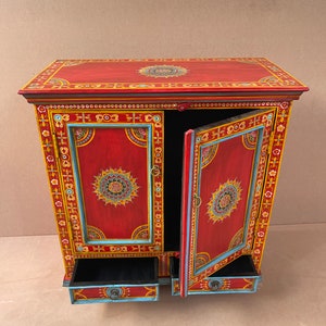 Handpainted Flower Indian Art Decor Wood Cabinet With 2 Drawer/ Beautifull Painted Bedside Drawer Table /Side Table Home Style Furniture image 6