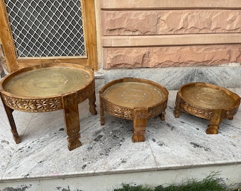 Wooden Round Carved Chakki Table | Hand Carved Wood and Brass Top End Tables | Wooden Fruit Stand , Central Brass Low coffee table furniture