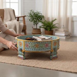 Wooden Living Room Decor Carved Coffee Table | HanPainted Chakki Grinder Table Bedroom Furniture ,Wooden Nightstand End Table-Bedside Table