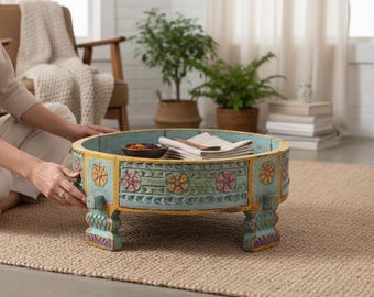 Wooden Living Room Decor Carved Coffee Table | HanPainted Chakki Grinder Table Bedroom Furniture ,Wooden Nightstand End Table-Bedside Table
