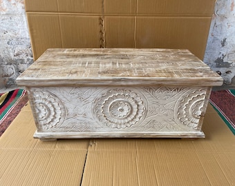 Wood Beautiful Handmade Carved Big Trunk Storage Box,Home Decor Central Box/ Indian White Wash Side Trunk Box Home Art Decor Funniture