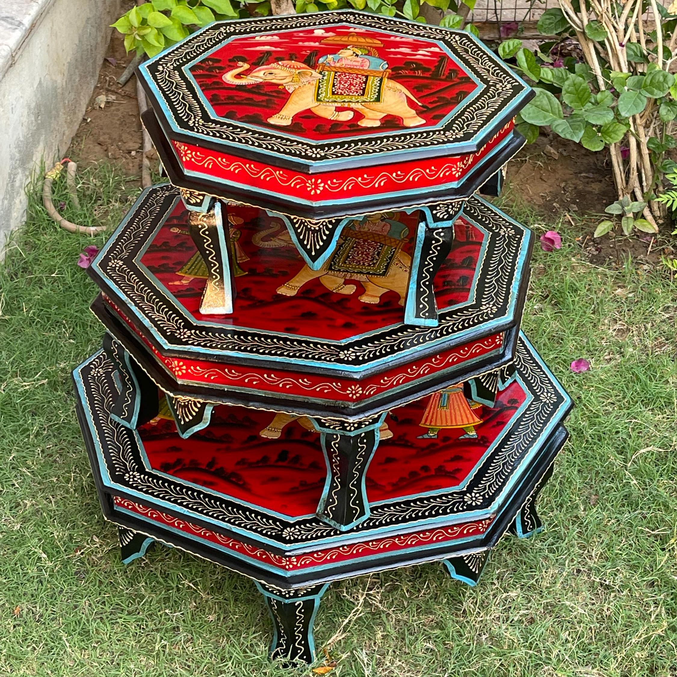 Hand-painted Wooden Chowki Table Setof3, Traditional Indian Bajot