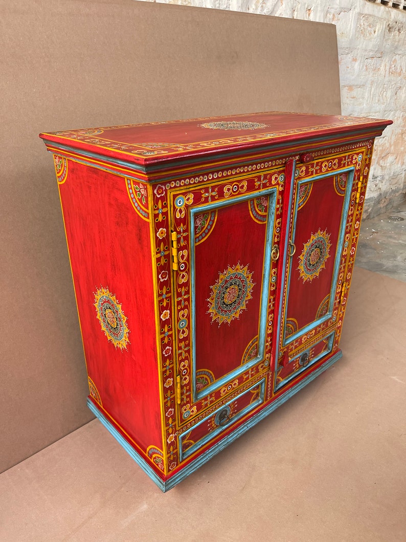 Handpainted Flower Indian Art Decor Wood Cabinet With 2 Drawer/ Beautifull Painted Bedside Drawer Table /Side Table Home Style Furniture image 7