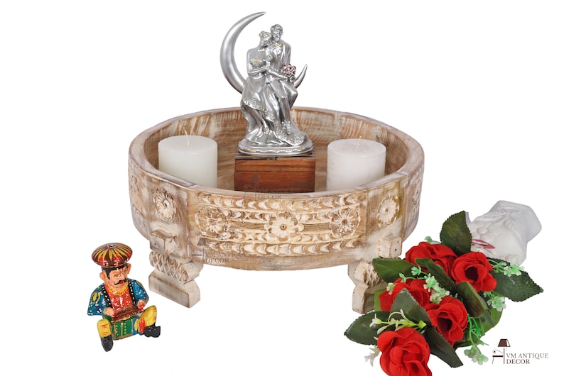 Unique White Wash Bowl Wooden Round Indian Carving Bowl