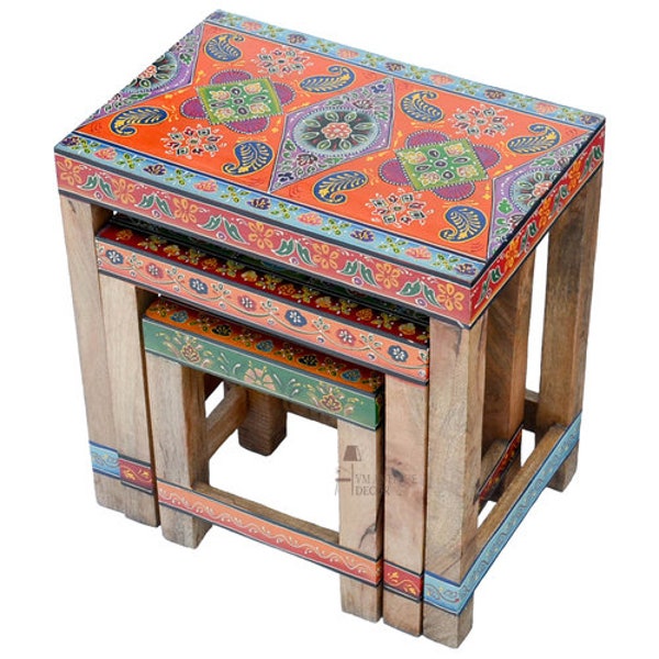 wooden Handpainted Nesting Table Living Room - Bedroom Furniture | End Side Tables |  Rajasthani Style  |  set of 3