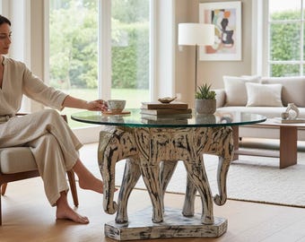 Mesa auxiliar de madera con forma de elefante, base de madera desgastada con tablero de cristal, mesa de centro decorativa, mesita de noche estilo decoración del hogar.
