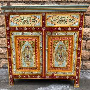 Wooden Bedside with Desk Drawer Storage Cabinet | SideBoard Decor Furniture-Cupboard with Floral Design | Traditional Ethnic Storage Chest