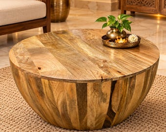 Mesa de centro redonda de madera | Mesa de centro cilíndrica de madera maciza | Mesa de centro de madera de mango natural | Muebles esculturales de estilo bohemio para sala de estar |