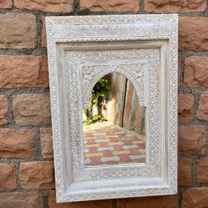 Wood Wall Carved Mirror-Indian Bedroom Mirror-Boho Style Mirror Traditional Indian Jharokha Mirror | Ornate Woodwork Mirror with Arch Frame