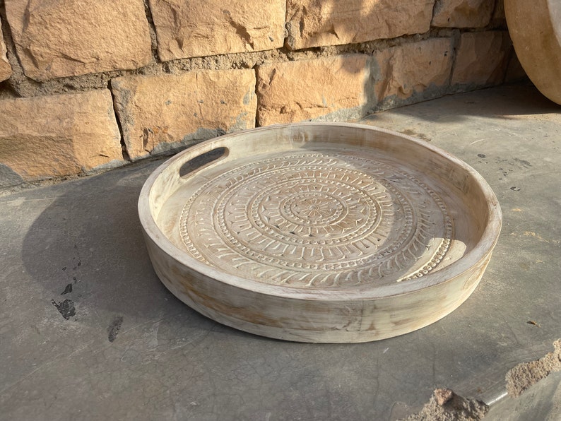 Indian Wooden White Round Carving Indian Tray, Home Kitchen Decor Unique Carving With Handle Decor Tray,Tray Decor,Gift Tray image 10