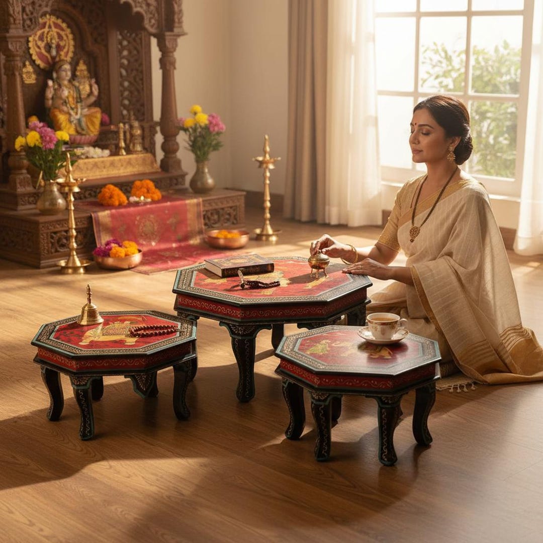 Hand-painted Wooden Chowki Table Setof3, Traditional Indian Bajot Stool ...