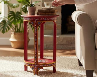 Woode Painted Round Side Table-Colorful Indian Folk Art Accent Table,Decorative Plant Stand | Painted Coffee Table For Home Living Furniture
