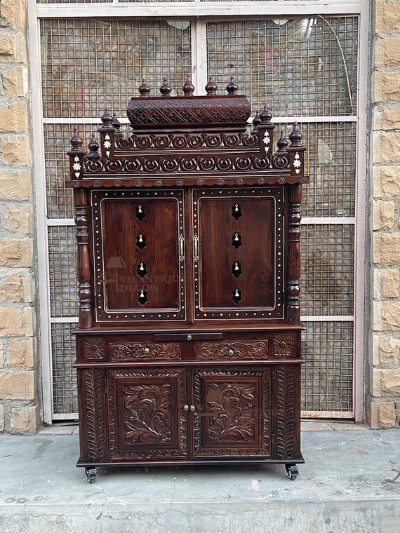 Wooden Temple | Carved Pooja Mandir, Handicrafted Handmade Home Office Temple With Bells-Intricate Cabinet with Lamp Pooja Storage Desk Art