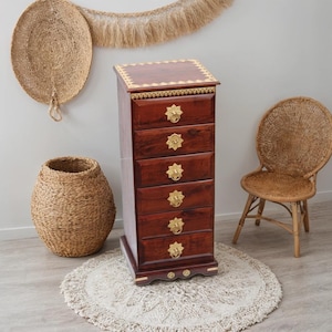 Handmade Wooden Chest of Drawers with Brass Fittings | 7 Drawer Indian Tallboy Storage Cabinet | Sheesham Wood Dresser for Home Decor Art