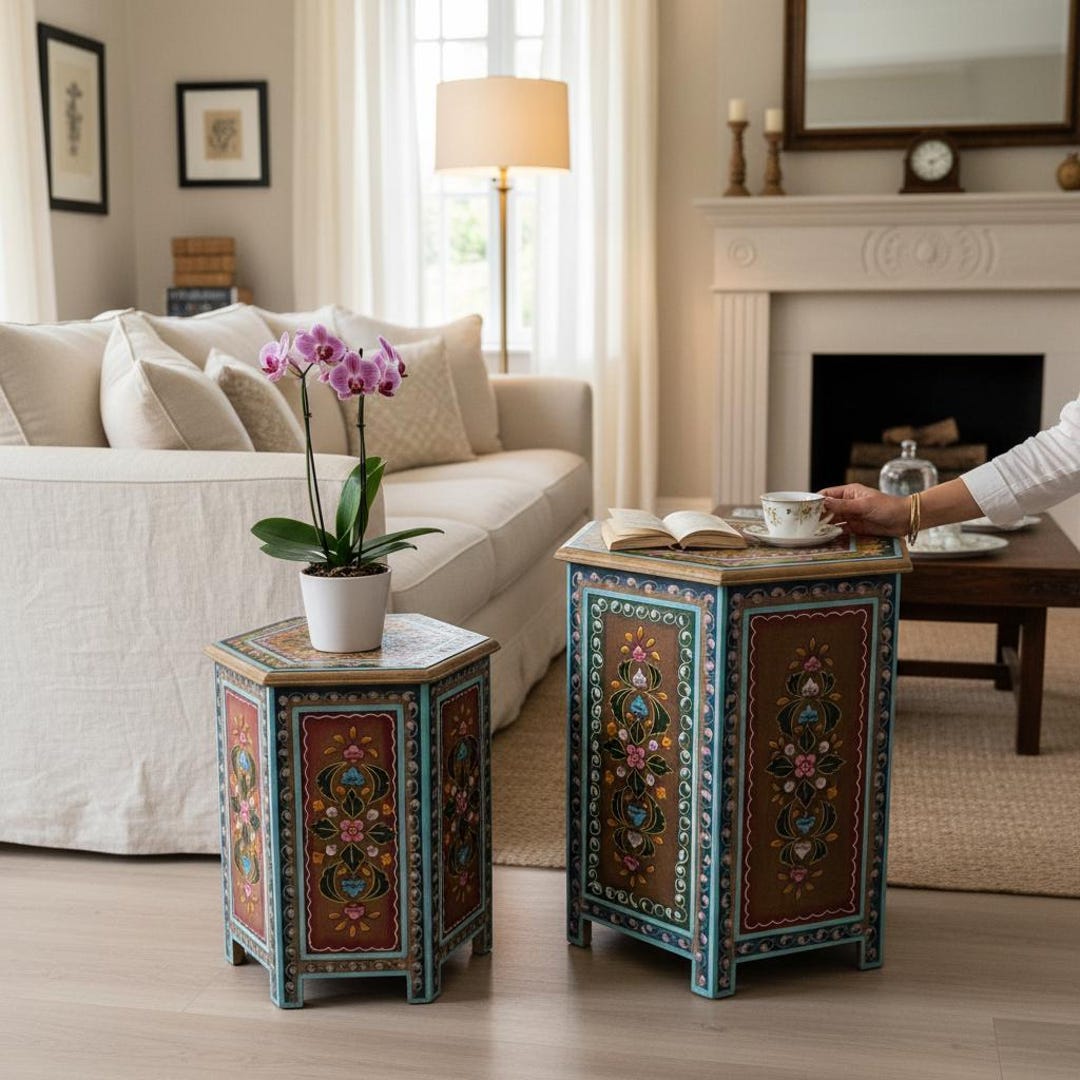 Hand-painted Hexagonal Wooden Side Tables – Colorful Floral Design