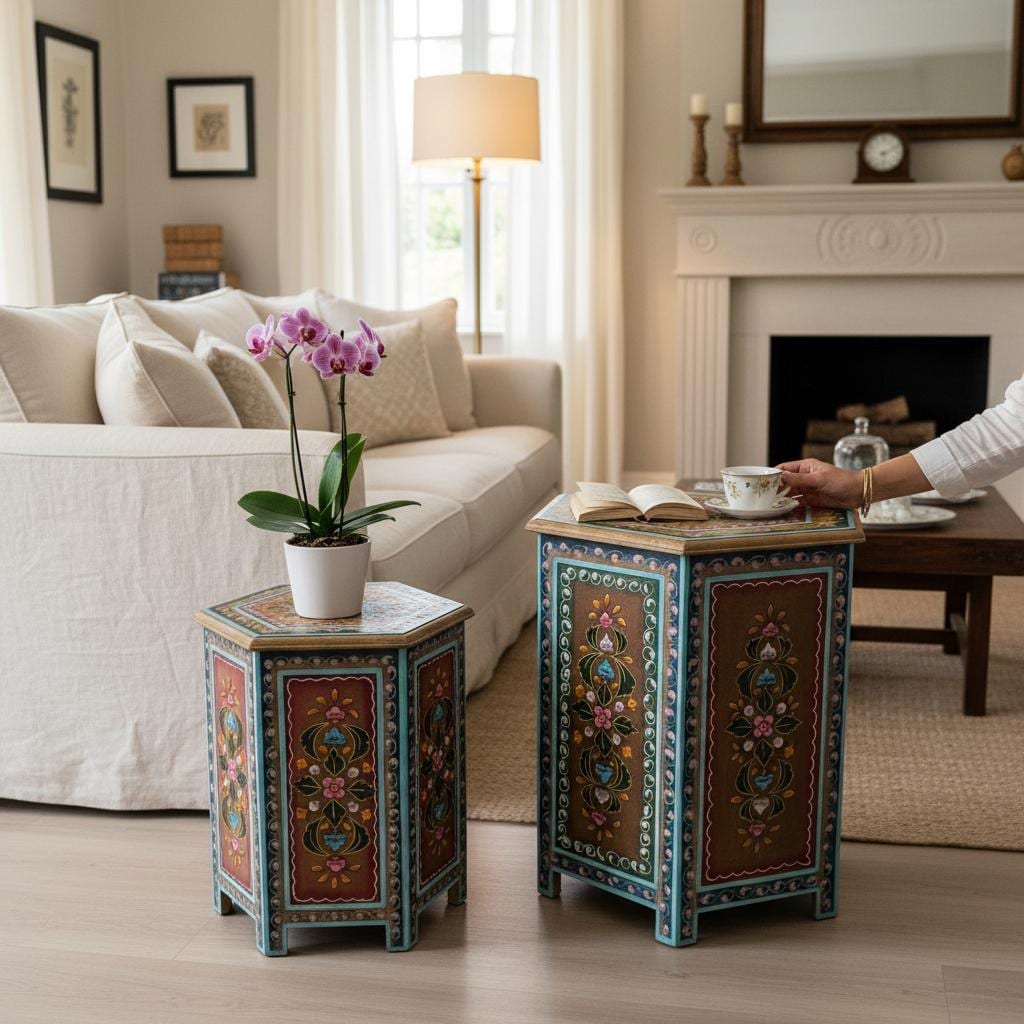 Hand-painted Hexagonal Wooden Side Tables – Colorful Floral Design