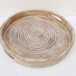 Indian Wooden White Round Carving Indian Tray, Home Kitchen Decor Unique Carving With Handle Decor Tray,Tray Decor,Gift Tray image 1