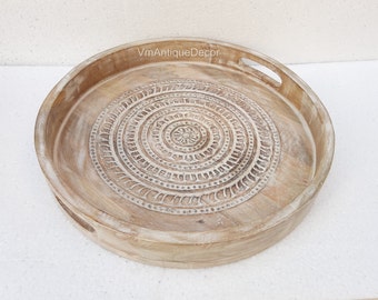 Indian Wooden White Round Carving Indian Tray, Home Kitchen Decor Unique Carving With Handle Decor Tray,Tray Decor,Gift Tray