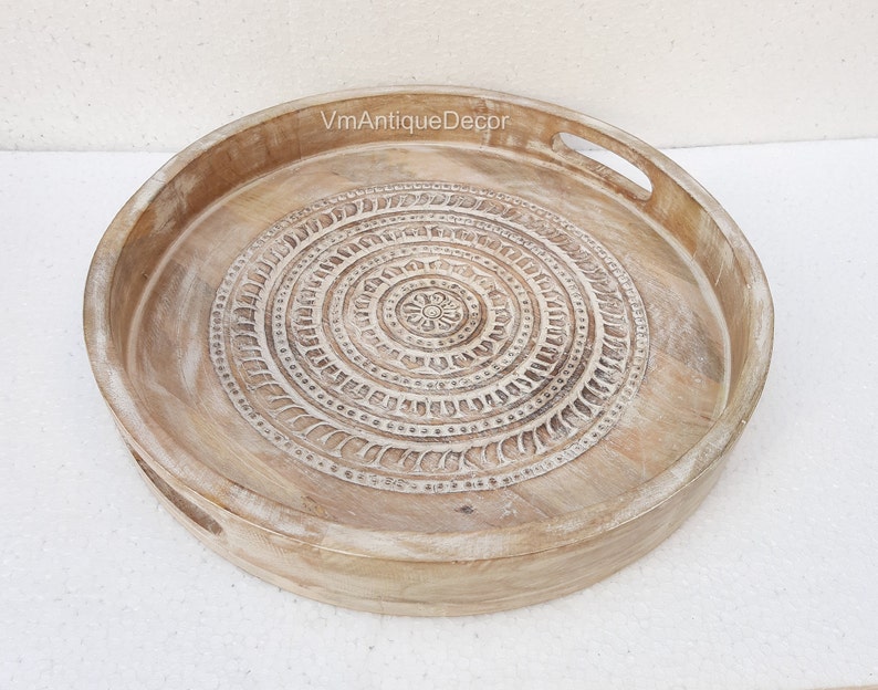 Indian Wooden White Round Carving Indian Tray, Home Kitchen Decor Unique Carving With Handle Decor Tray,Tray Decor,Gift Tray image 1