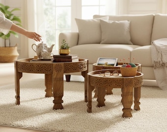Wooden Round Side Carved Chakki Coffee Table, End Table Furniture | Bedside Shape Stool,Central Table-Brass Low Table Setof3, Grinder Table