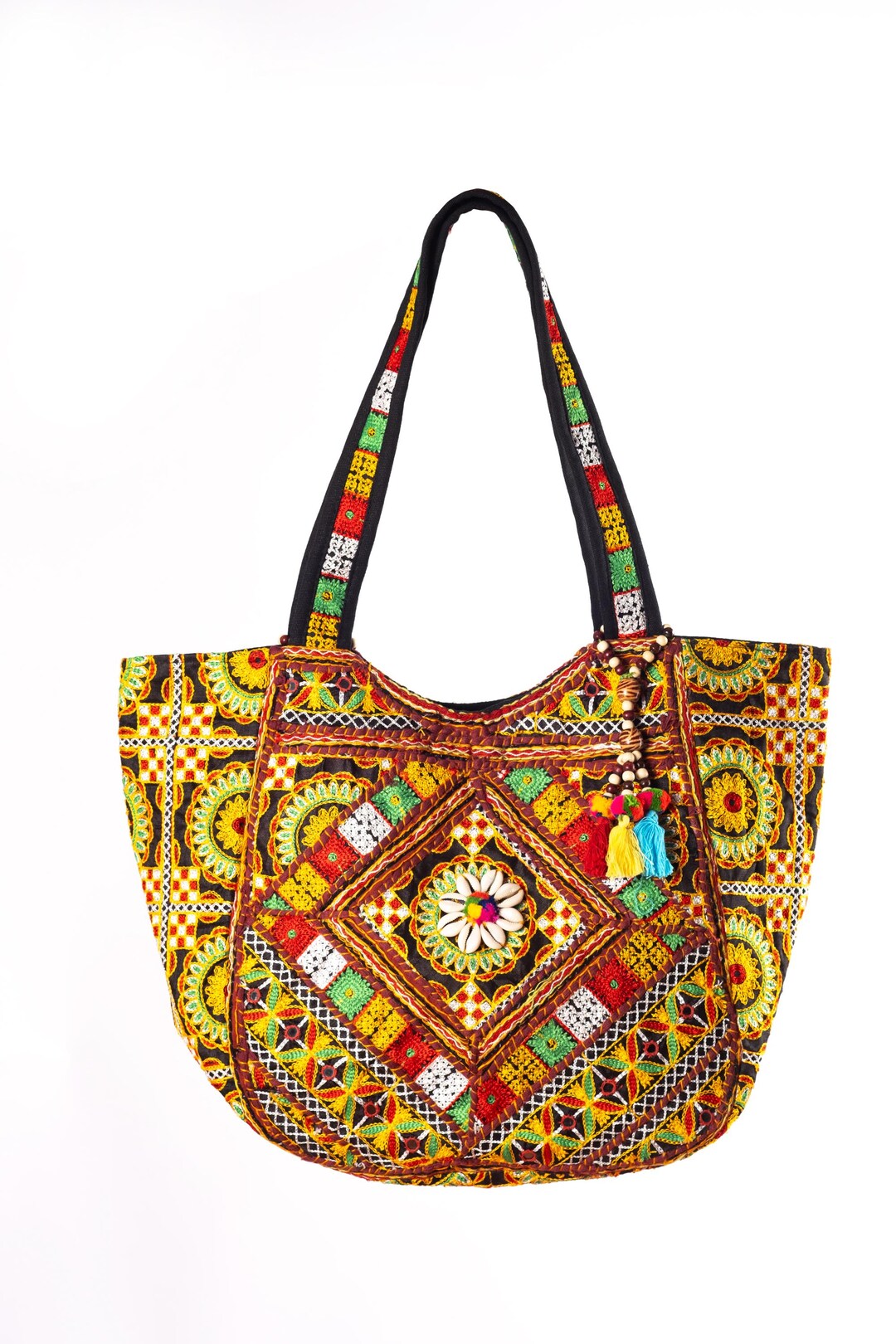 ハンドメイドのラジャスタン刺繍トートバッグ - ミラーワークとシェル