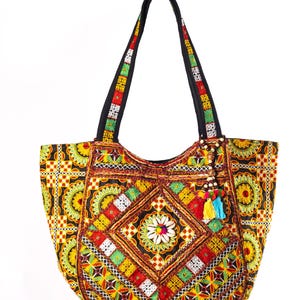 Handmade Rajasthani Embroidered Tote Bag – Large Boho Shoulder Bag with Mirror Work & Shell Detailing, Colorful Tribal Beach Bag for Women