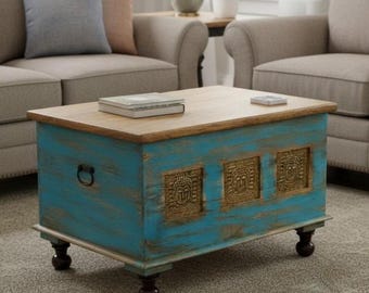 Wooden Trunk Chest Coffee Table Box – Blue Distressed Storage Chest with Carved Brass Panels Budha Handcrafted Storage Distressed Blue Chest