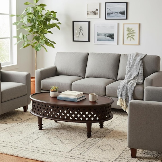 Wooden Oval Coffee Table With Intricate Cutout-wooden Side Central