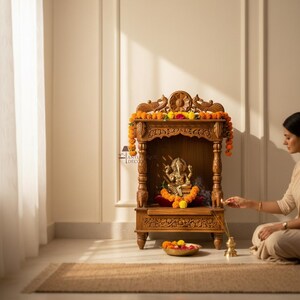 May include: A carved wooden temple featuring intricate floral and peacock motifs, topped with a garland of orange and yellow marigolds. Inside, a metallic Ganesha statue sits on a red cushion, surrounded by marigolds and wisps of incense smoke.