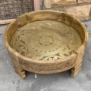 Wooden Round Side Central Coffee Table, India Carved Chakki Table, Brass Central Table, Bedroom Furniture Table-Indian Brass End Table Art
