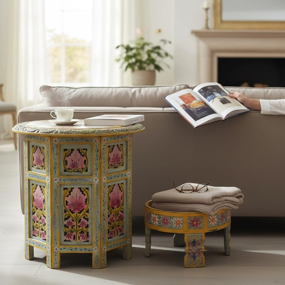 Wood Painted Coffee Table,indian Carved Side Table Decor